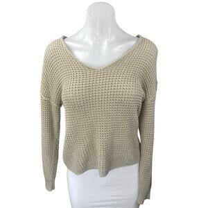 Pink Rose Women's Beige Long Sleeve V Neck Button Up Back Sweater Top Size S